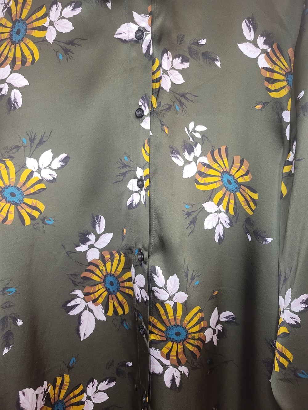 Eleanor Leftwich 100% Silk Olive Floral Button-Up Shirt Women's Lightweight Top. - Picture 4 of 7